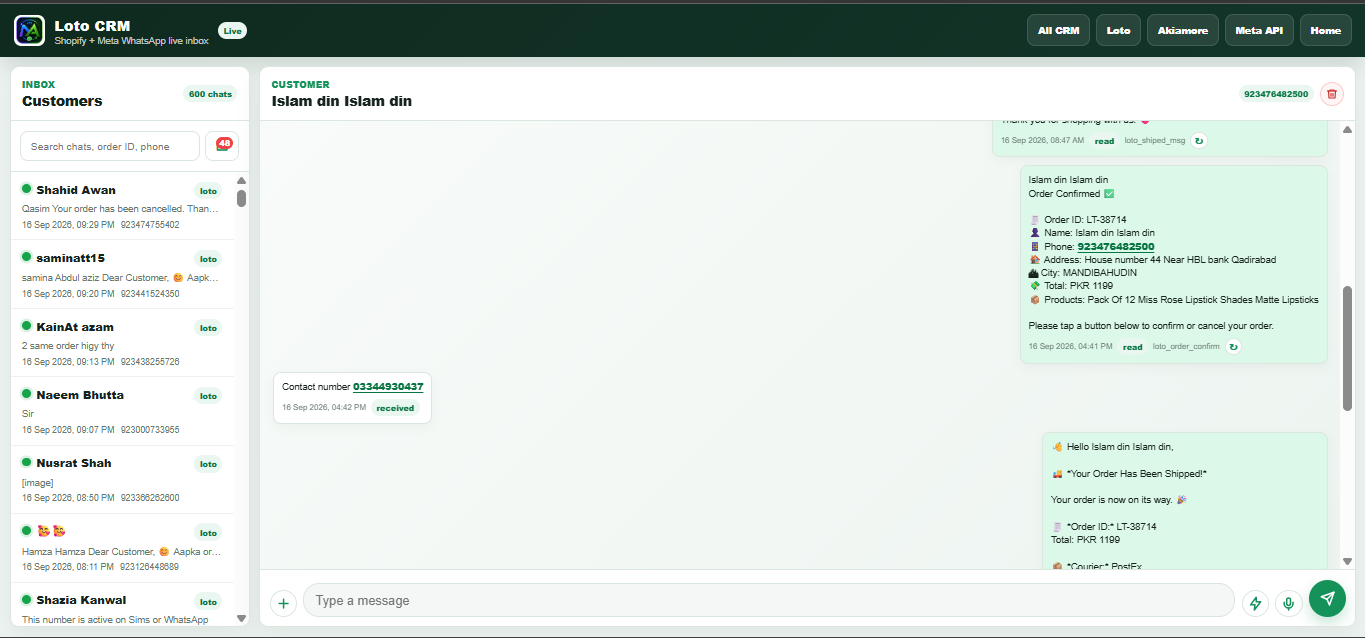 Customer inbox with order confirmation and shipment messages
