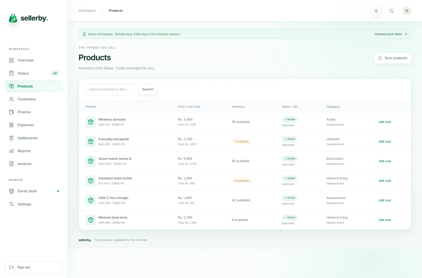 SellerBy inventory screen in the built-in demo workspace with sample data