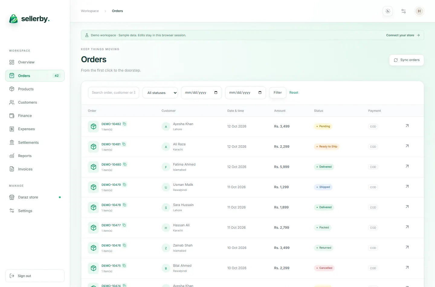 SellerBy orders screen in the built-in demo workspace with sample data