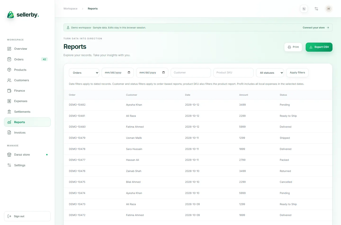 SellerBy reports screen in the built-in demo workspace with sample data