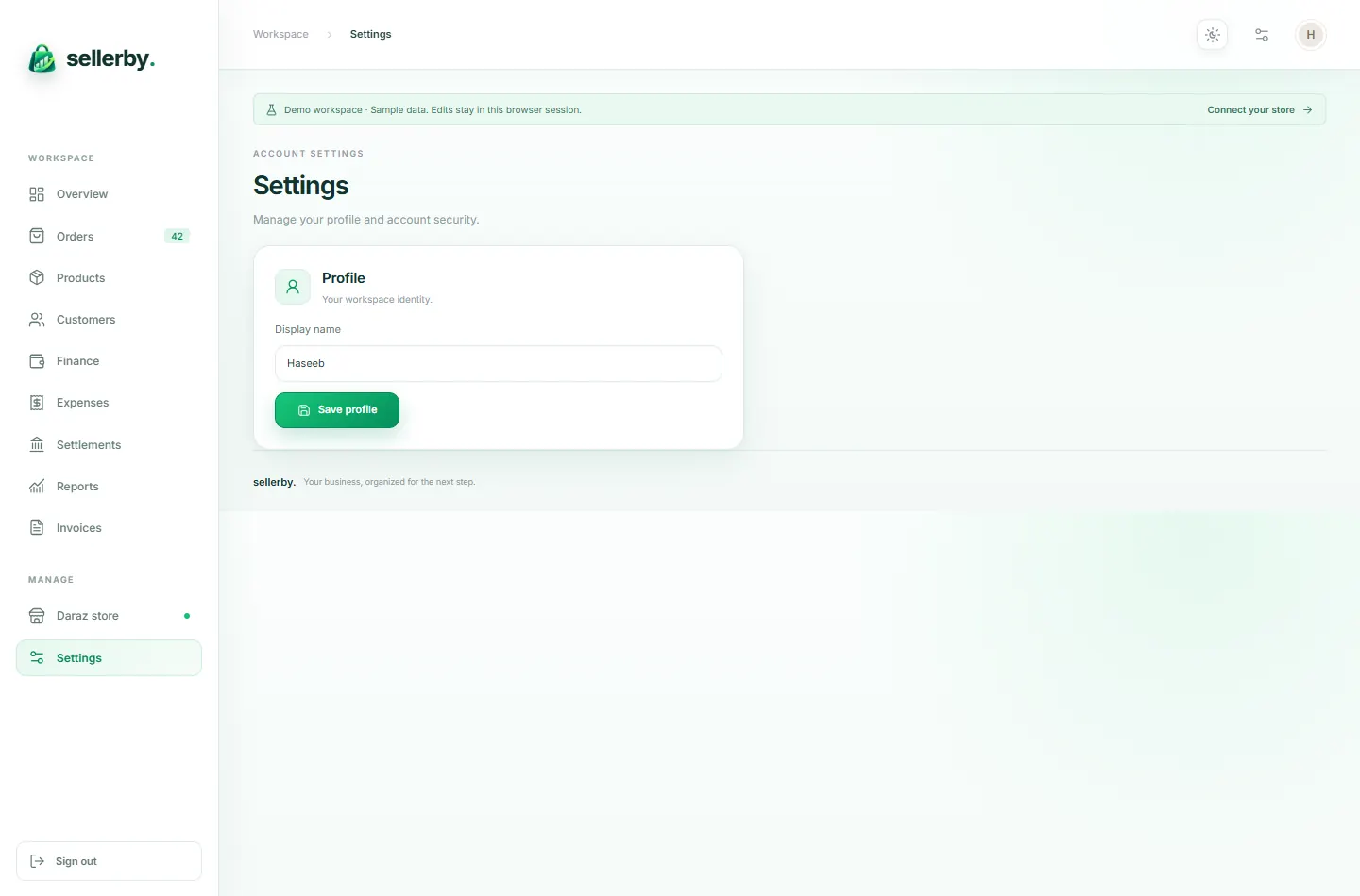 SellerBy settings screen in the built-in demo workspace with sample data